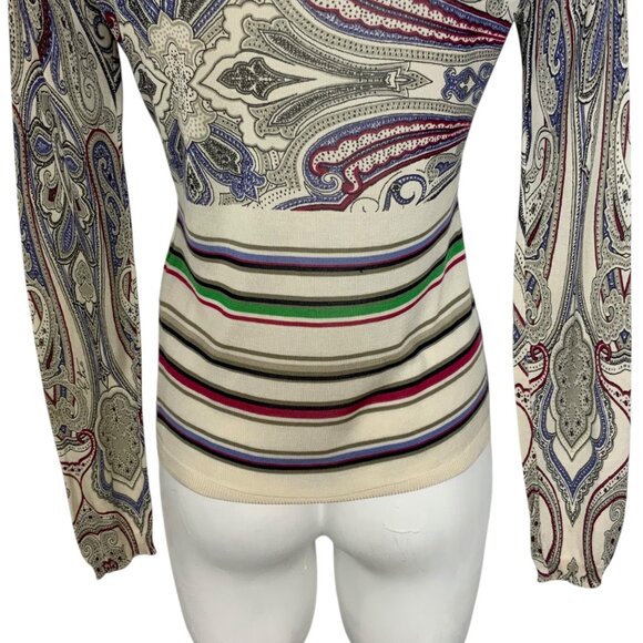 Etro Silk Sweater Italy 44 US 8 Paisley Striped V-Neck Long Sleeve DEFECTED - Picture 10 of 12